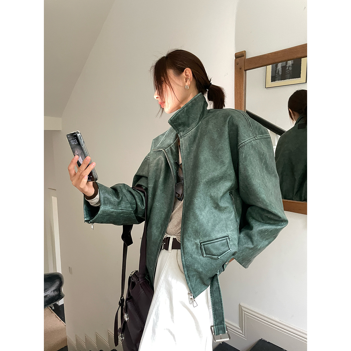 JCCC影子【晚山松青】松青色立领晕染PU皮加绒夹克外套JE5POP10