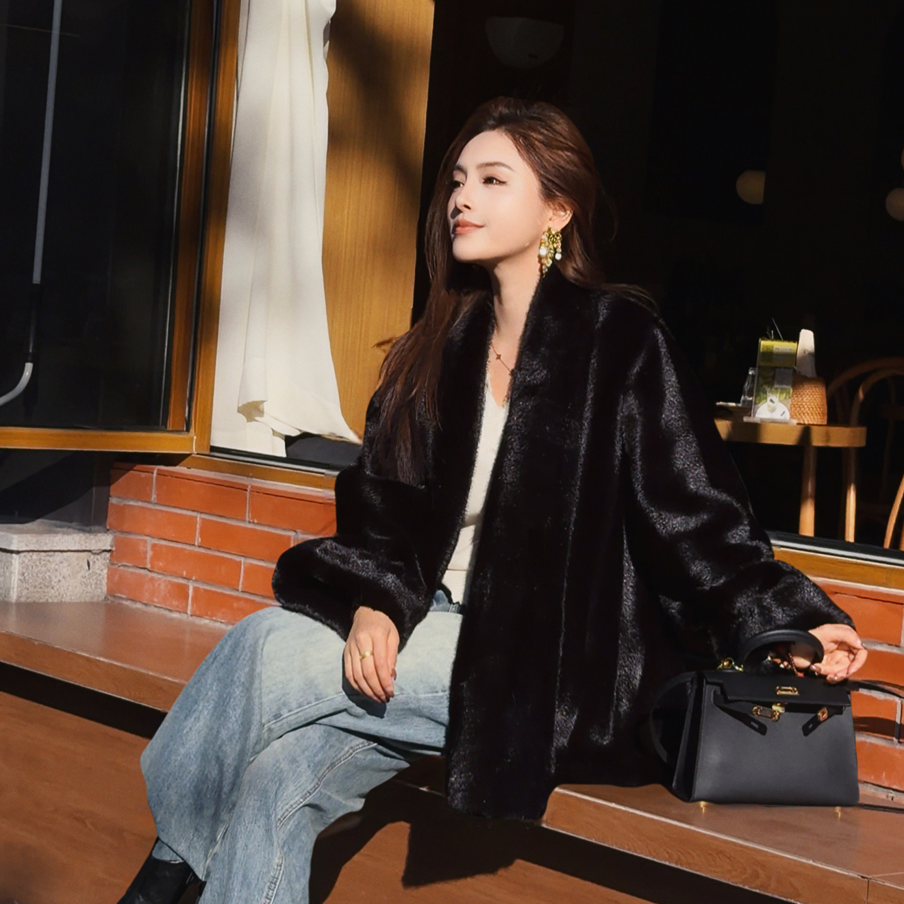 人造皮草 正版黑色高级感显瘦气质贵气高端环保人造皮草外套冬季