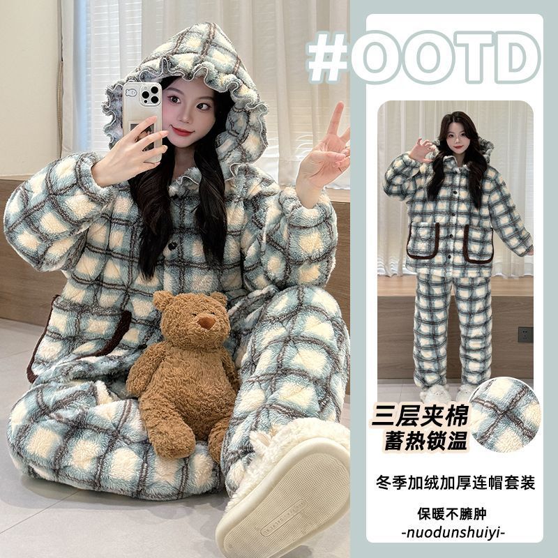 2025新款冬季三层夹棉格子睡衣女长毛绒加绒加厚珊瑚绒家居服外穿