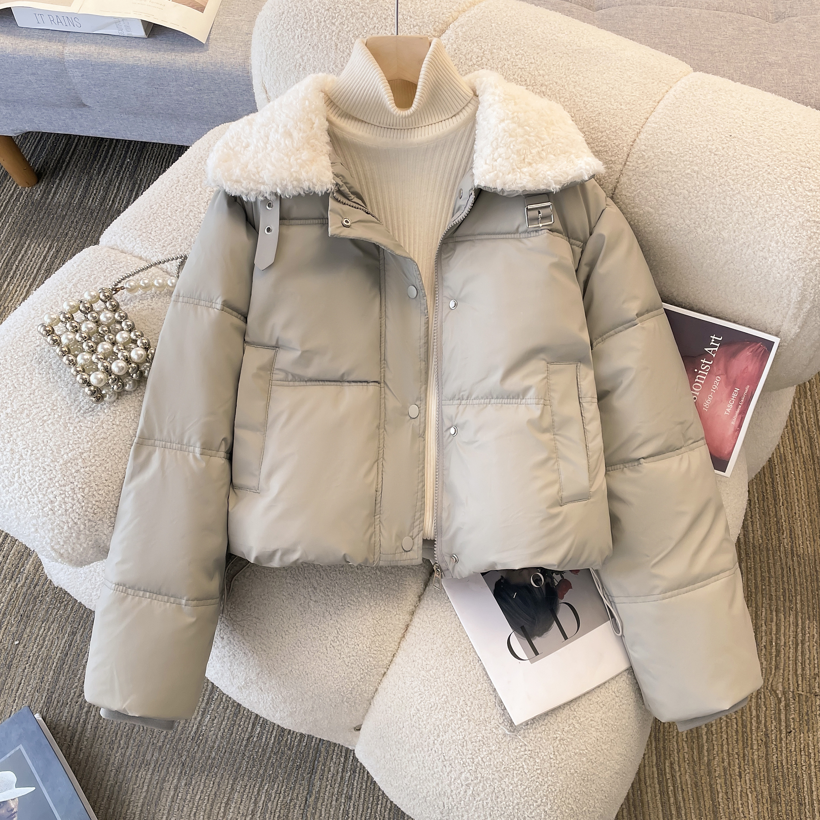 PU皮棉服女冬季爆款2025年新款爆款棉衣短外套羊羔绒毛领拼接棉袄