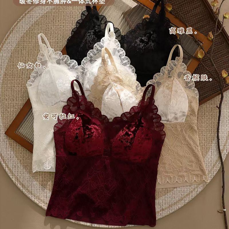 法式性感金丝绒国风蕾丝吊带无钢圈带胸垫聚拢美背内搭打底可外穿