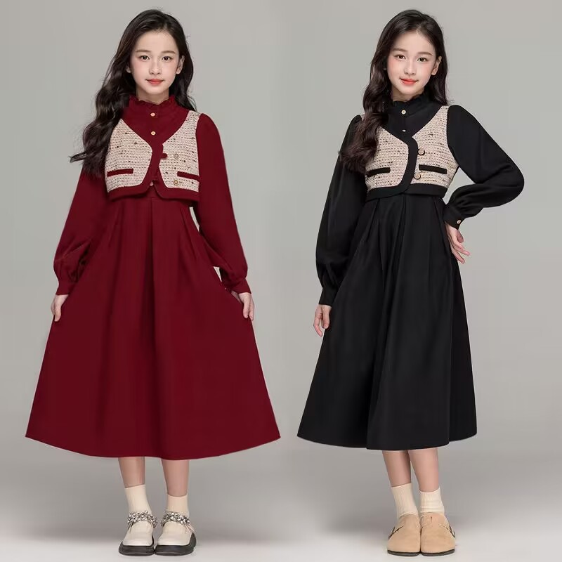 女童红色法式连衣裙秋冬新款撞色马甲假两件小香风复古裙子中长裙