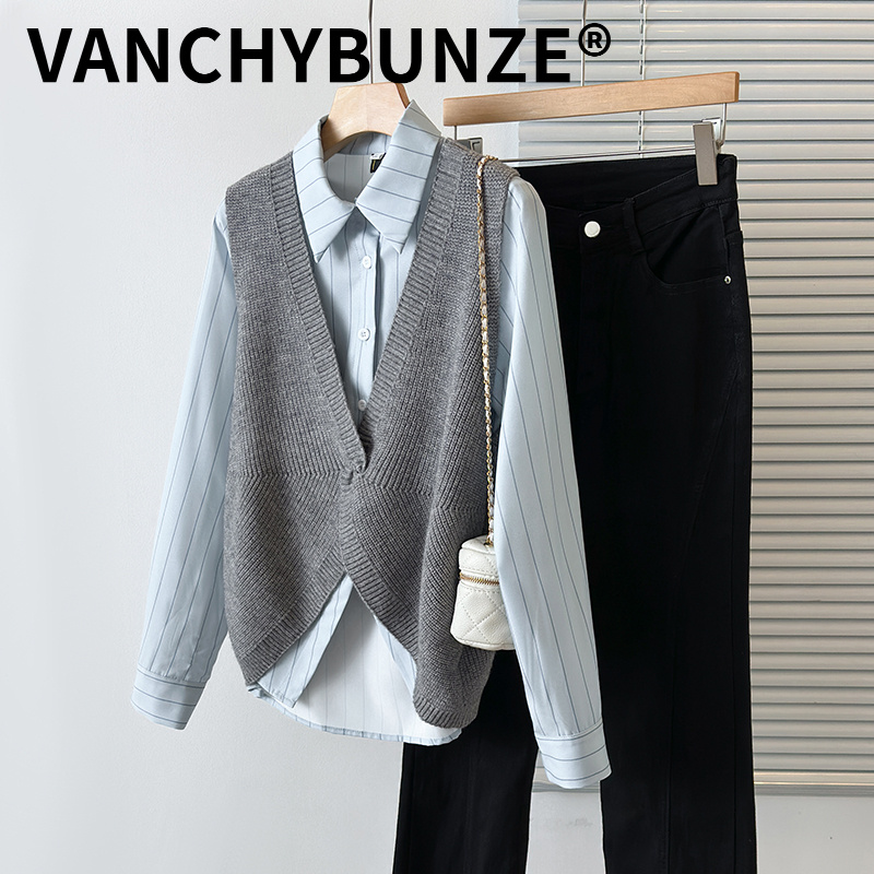 BUNZE蓝色条纹衬衫灰色针织马甲胖mm春秋大码中长版时尚休闲上衣