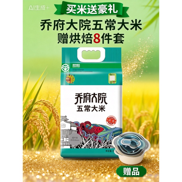 送，送，送，买乔府大院五常大米淡香系列产品5kg真空装送烘焙8件套