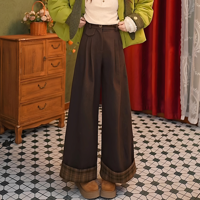 格子卷边宽松百搭显瘦直筒阔腿裤女2025冬季新款显瘦高腰休闲裤