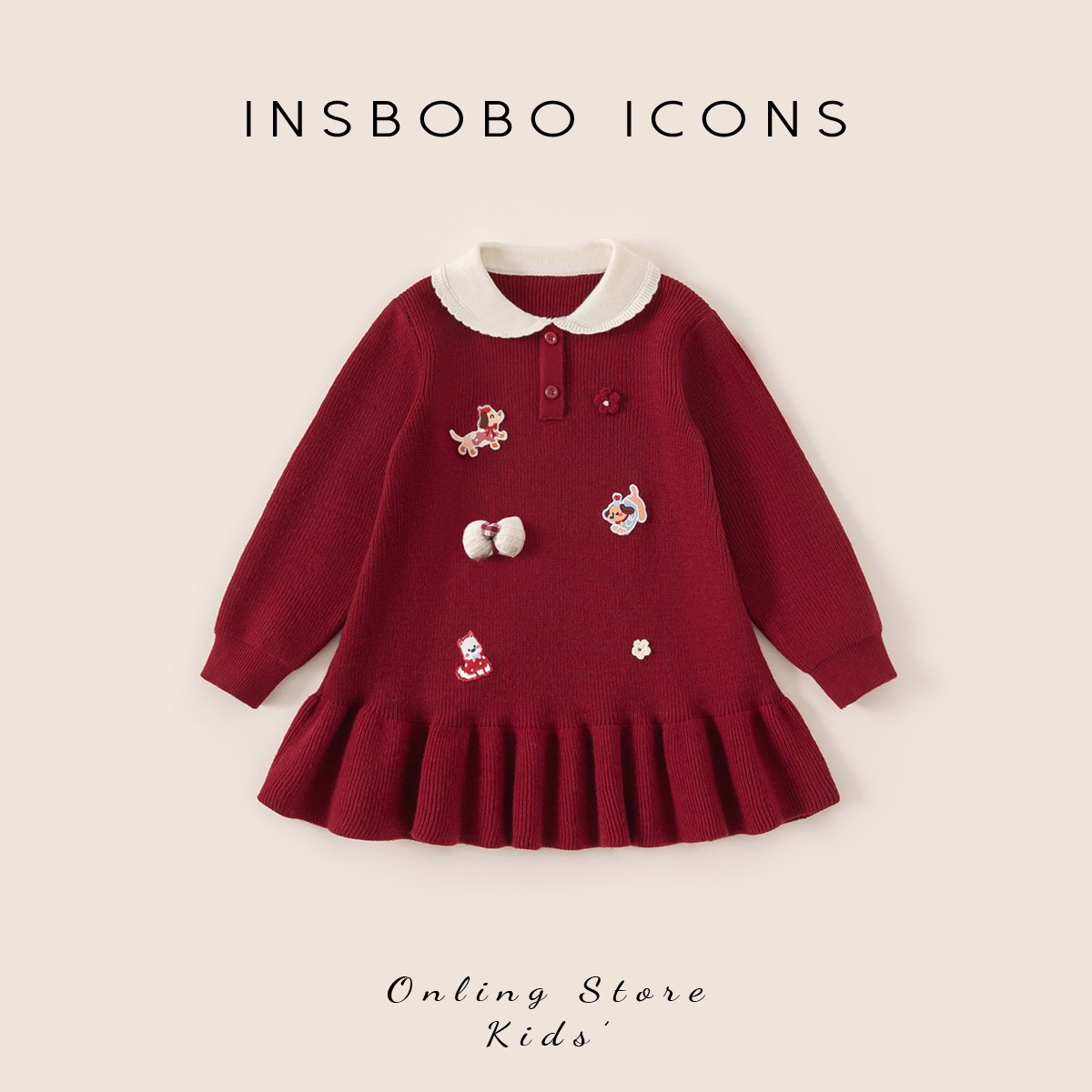 INSbobo女童娃娃领连衣裙冬季洋气可爱绣标装饰毛衣连衣裙DQ25388