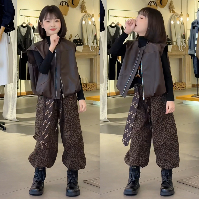 女童秋季新款甜酷时尚纯色打底叠穿皮马甲个性飘带豹纹弯刀裤三件