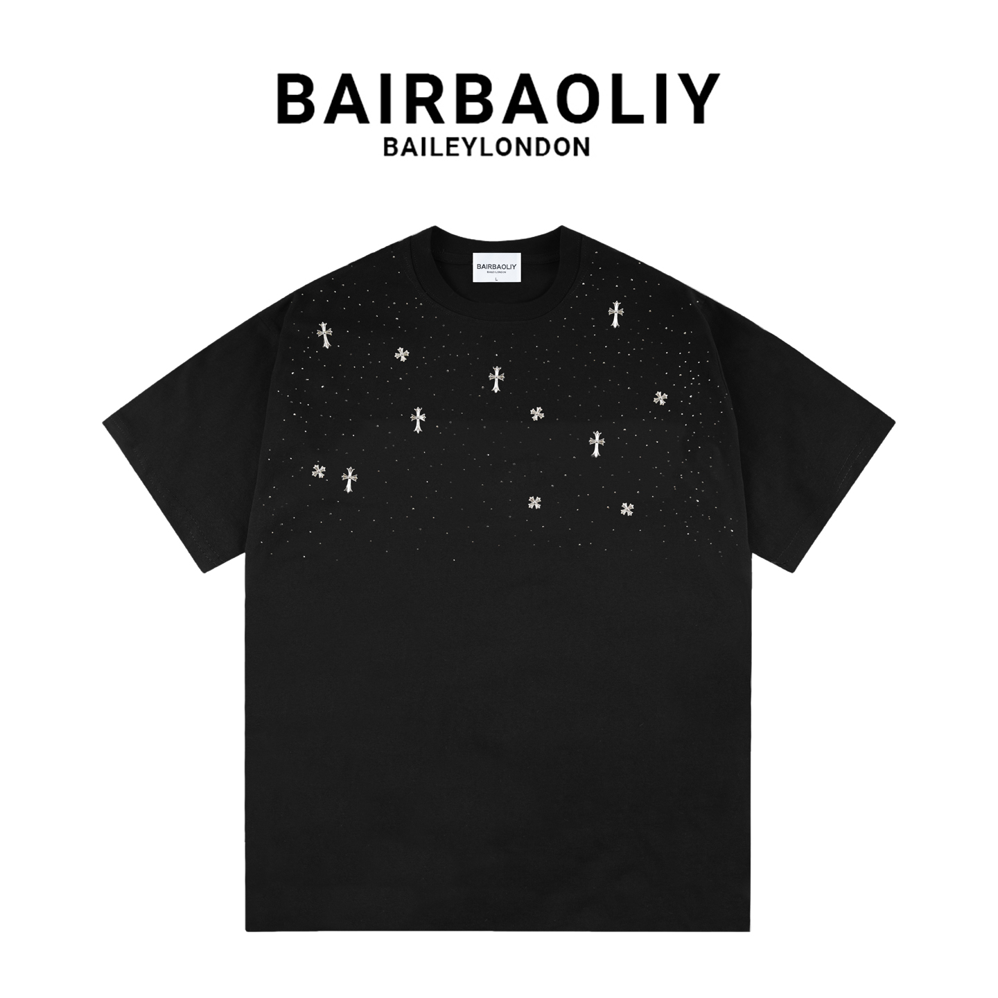 BAIRBAOLIY满天星大牌质感十字架闪钻街拍痞帅短袖T恤潮牌男装