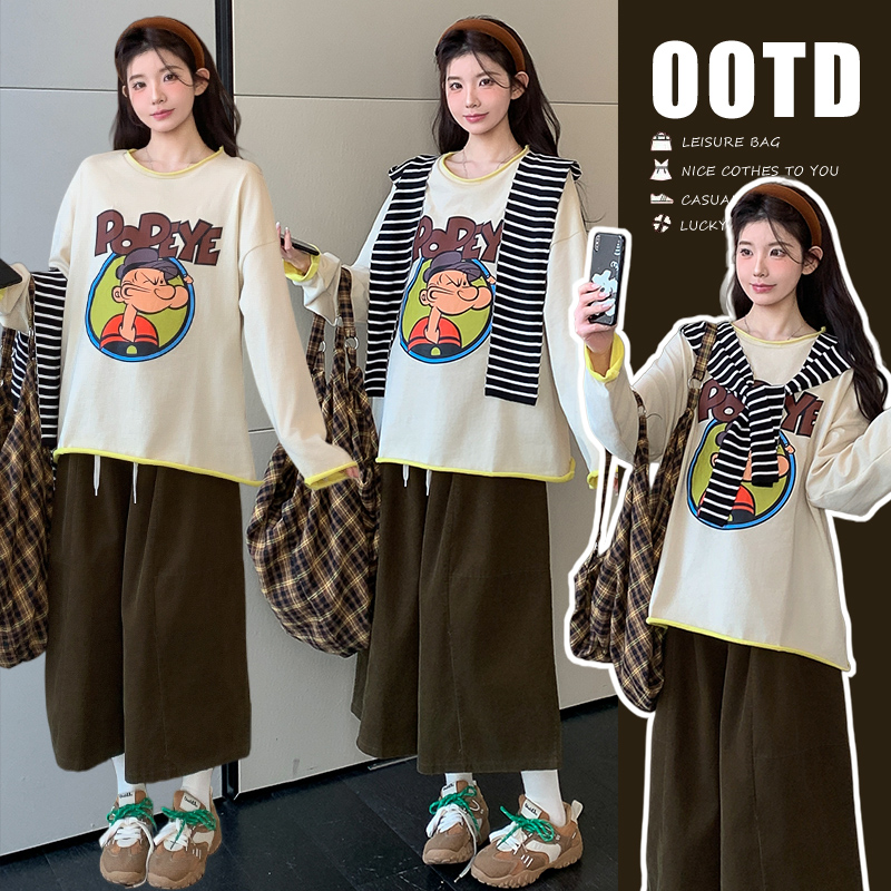 时髦孕妇装新款韩系卡通套头卫衣披肩两件套加灯芯绒八分裤子套装