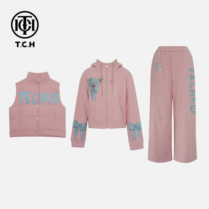 TCH私服秋冬纯欲风烫钻时尚淑女粉色长袖套装T75C07E5032私服tch