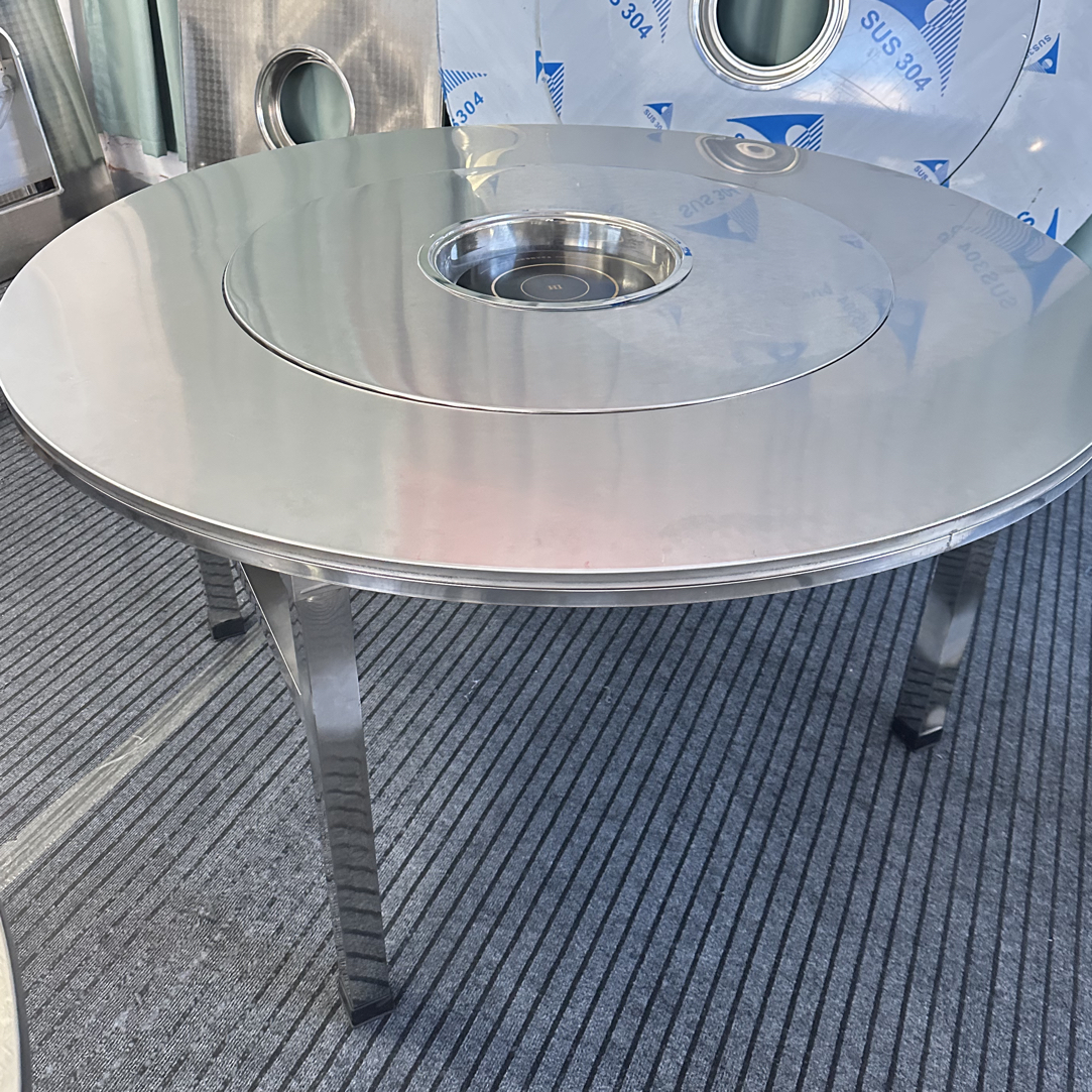 加厚50管全不锈钢内置转盘圆桌火锅桌配电磁炉