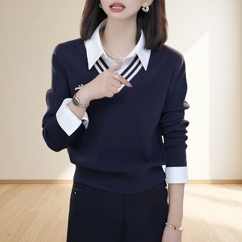 假两件衬衫拼接字母刺绣长袖针织衫女2025秋季新款韩系减龄上衣