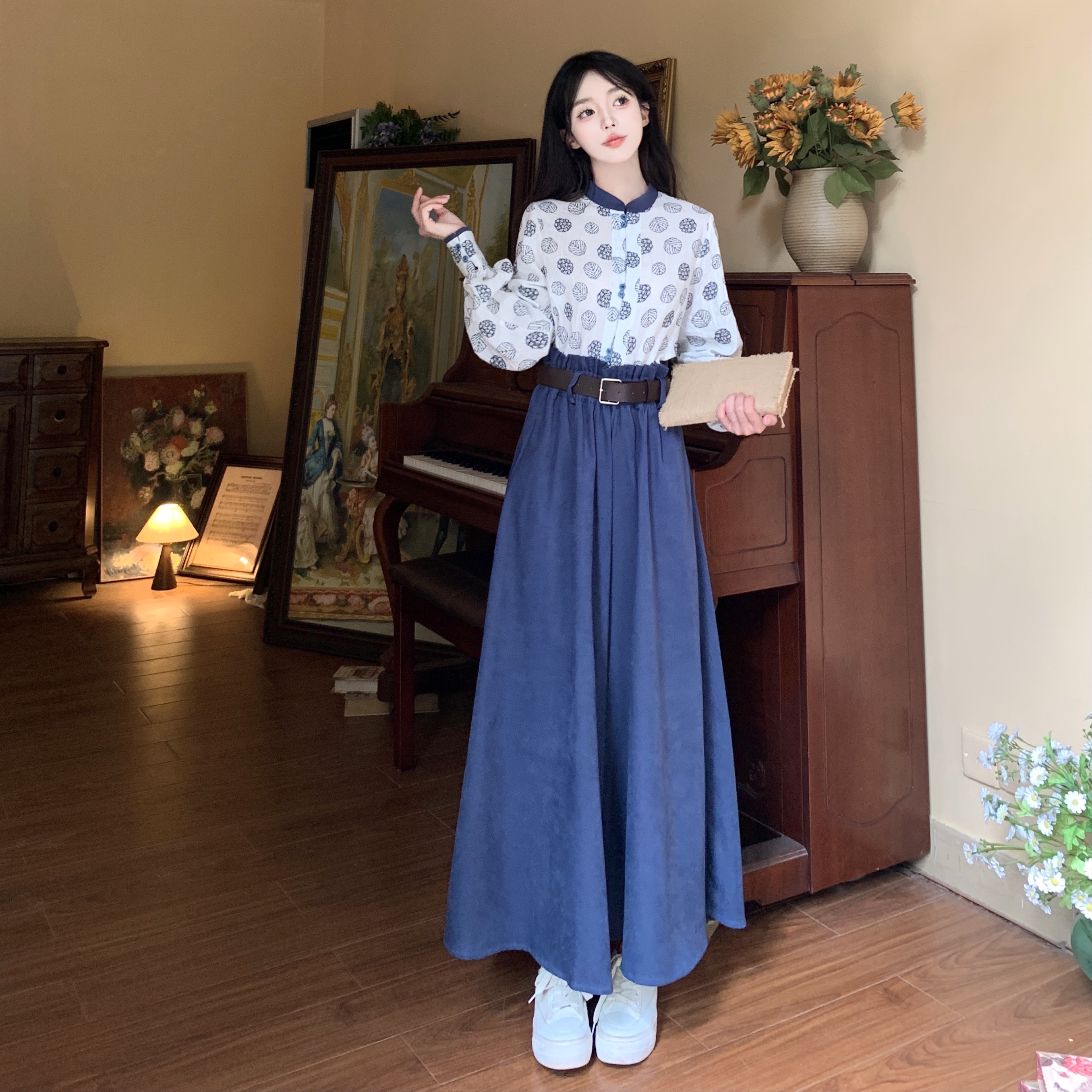 2025春季新款海盐汉元素立领衬衫碎花阔腿裤国风改良日常汉服套装