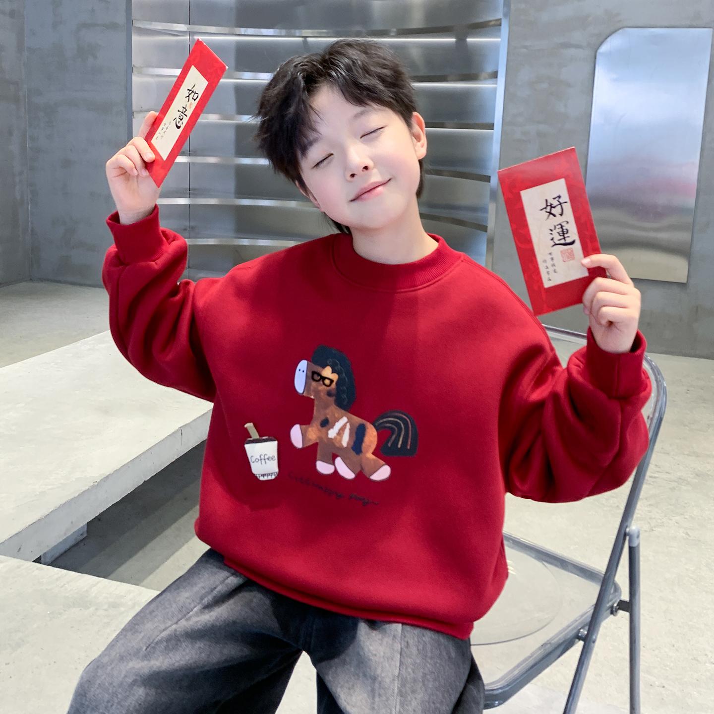 男童冬季加绒红色卫衣2026新款中大童秋冬款儿童本命新年马年衣服