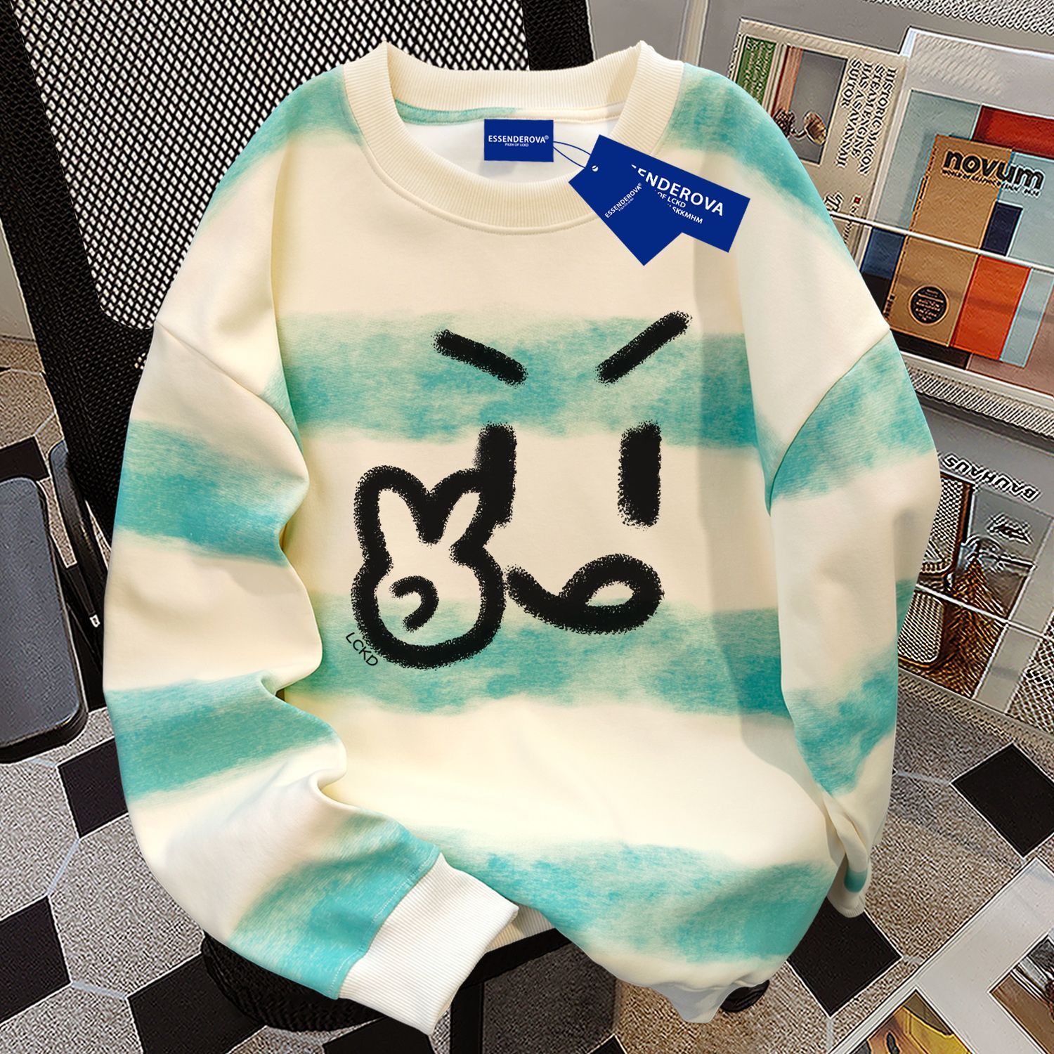 日系简约宽松显瘦扎染横条慵懒风圆领卫衣男女秋冬季加绒加厚上衣