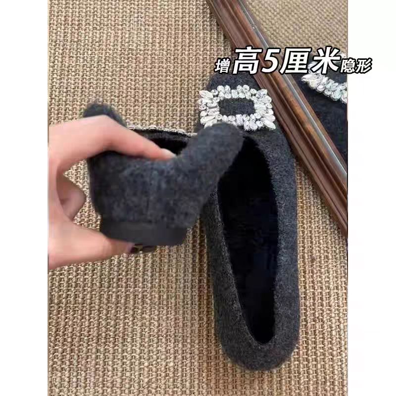 内增高5cm法式水钻加绒毛毛鞋粗跟冬季新款百搭厚黑美学保暖单鞋
