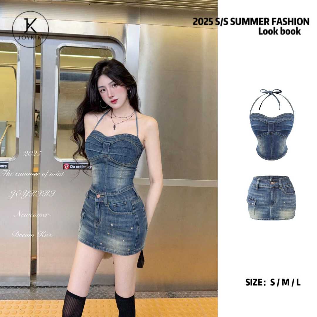 JOY KIKI鹅了么【摩洛哥少女】夏季挂脖显瘦收腰无袖套装 J25C066