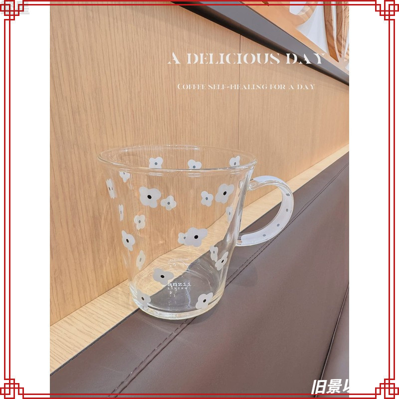 风白色小花玻璃杯水杯牛奶杯果汁花茶杯咖啡杯马克杯