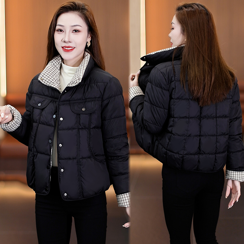 保暖时尚秋冬小个子宽松棉衣棉袄女2025新款格纹拼接休闲女士棉服