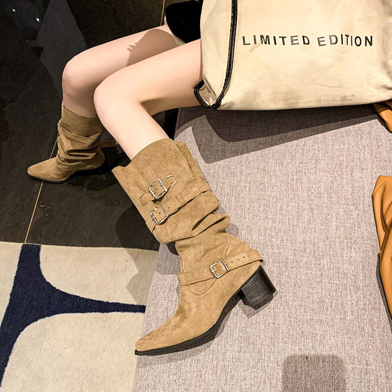 西部牛仔粗跟堆堆靴子女秋款2025年新款不过膝长靴女款大筒围女靴