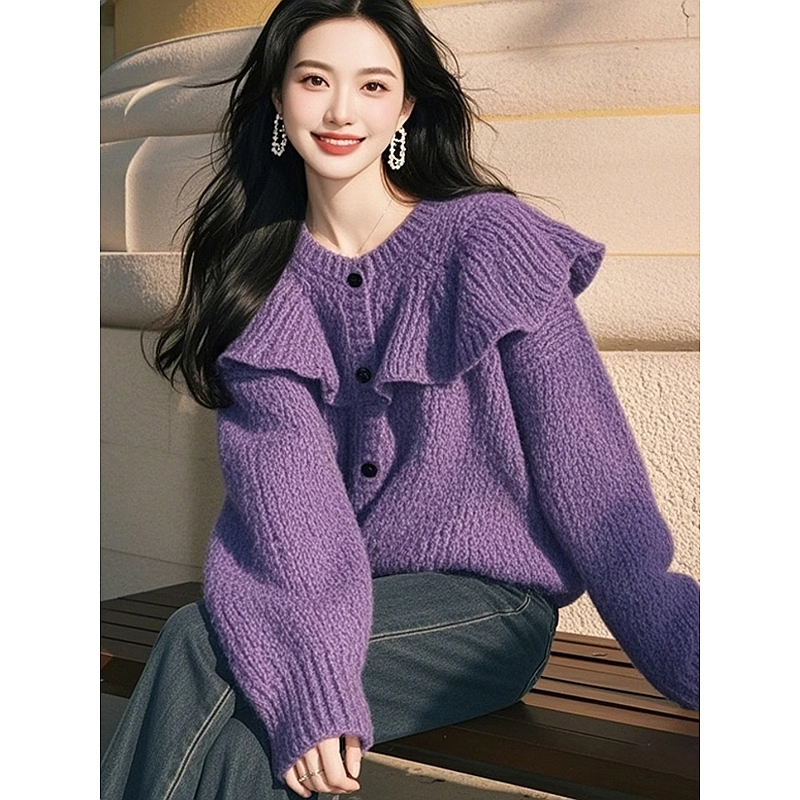 今年流行漂亮韩系氛围感洋气独特别致紫色荷叶边针织毛衣开衫女春