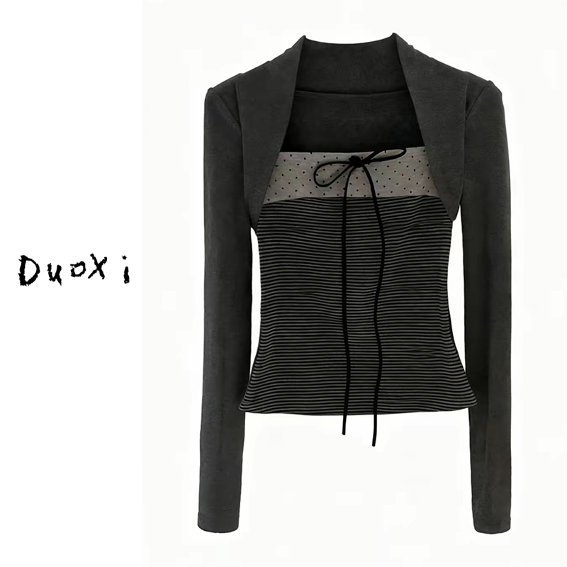 S-4XL韩系撞色条纹蝴蝶结系带波点抹胸坎肩假两件上衣设计感T恤女