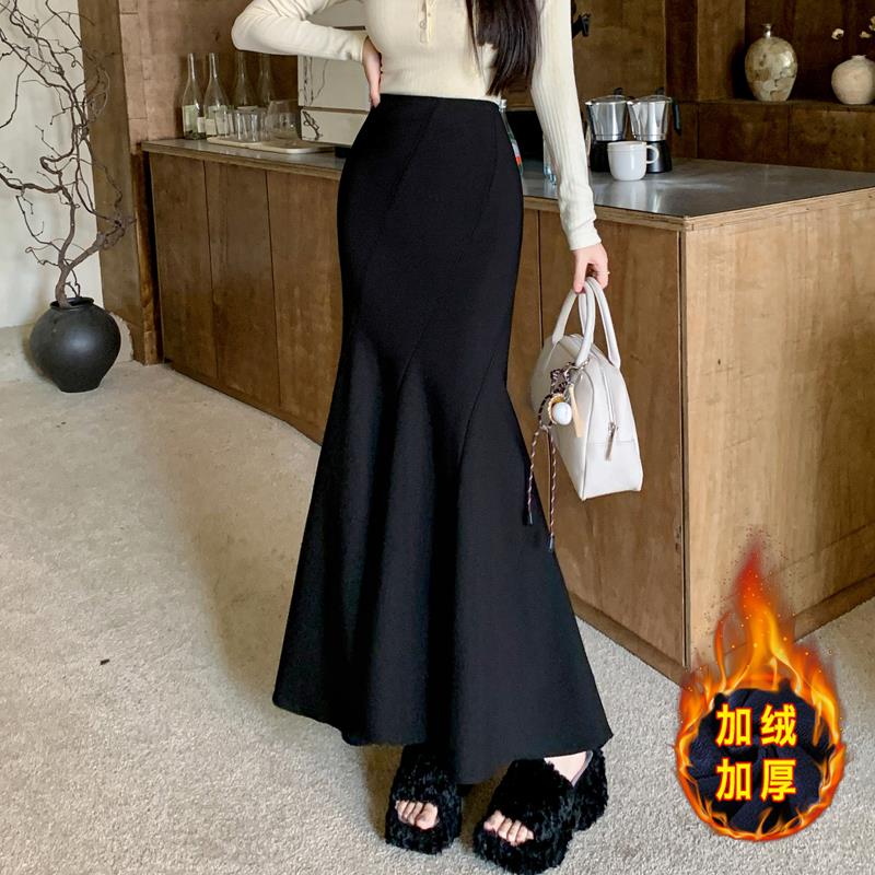 加绒加厚西装鱼尾半身裙女秋冬款高腰显瘦垂感荷叶边a字包臀长裙