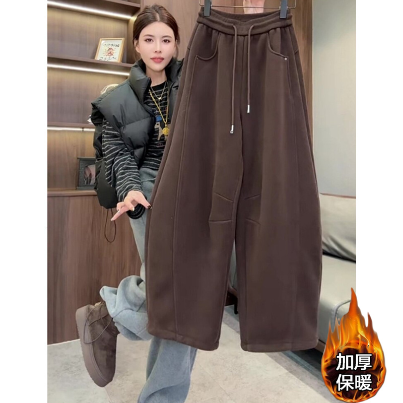 咖色弯刀运动裤女秋冬2026新款爆款加绒胖mm宽松休闲香蕉阔腿裤子