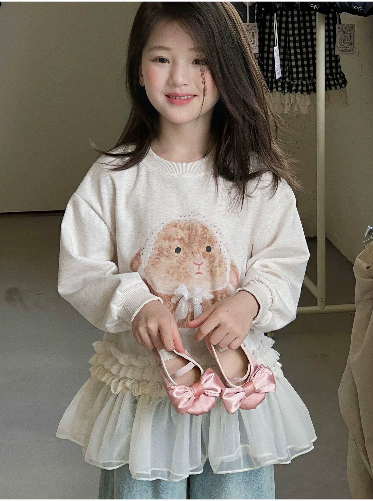 女童卫衣秋季儿童女孩卡通印花中长款拼接网纱春秋长袖上衣卫衣裙