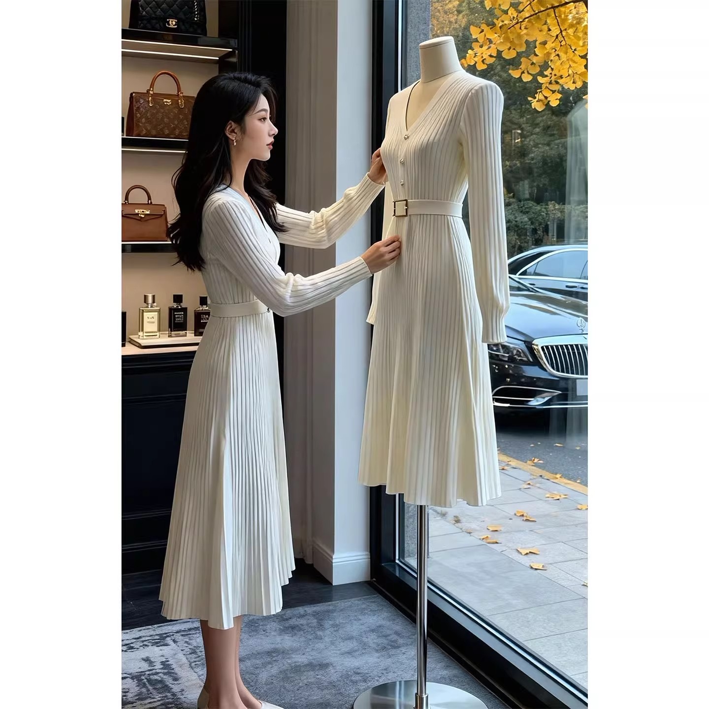 韩国正式场合通勤气质女神范仙女白色V领针织毛衣连衣裙打底长裙