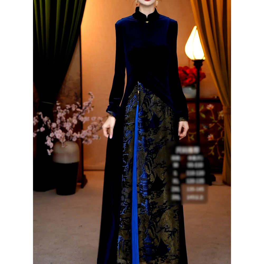 国风气质改良版新中式旗袍长裙2025冬季新款贵夫人显瘦丝绒连衣裙