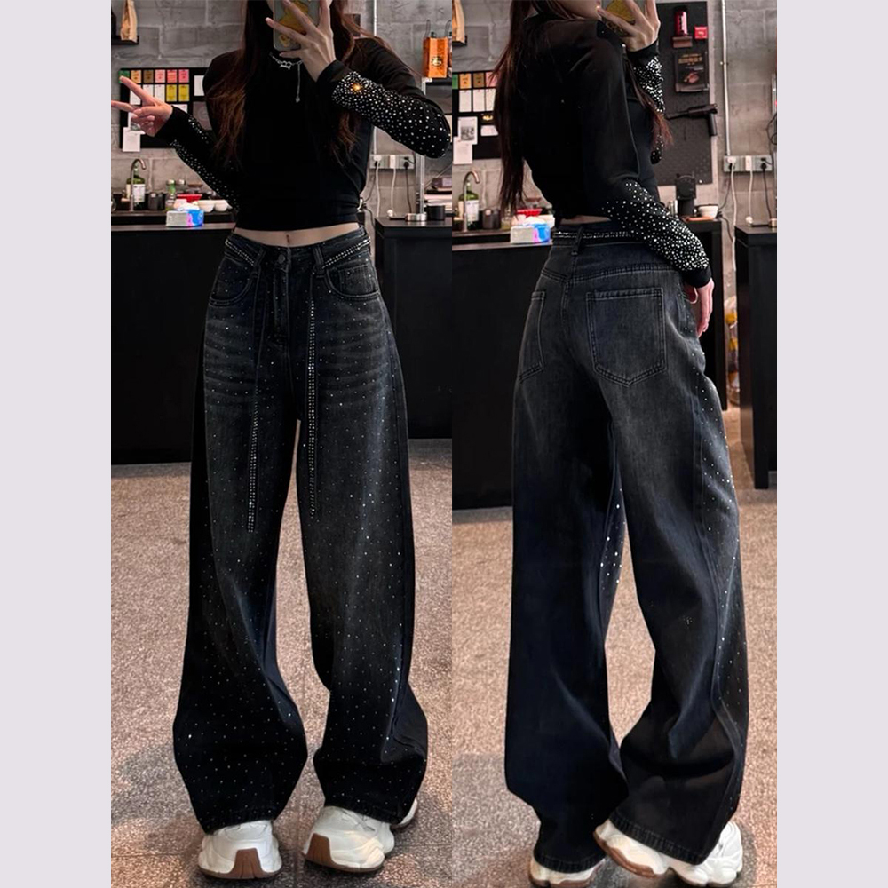 重工烫钻阔腿牛仔裤女2025春夏季新款高腰显瘦设计感宽松直筒裤子