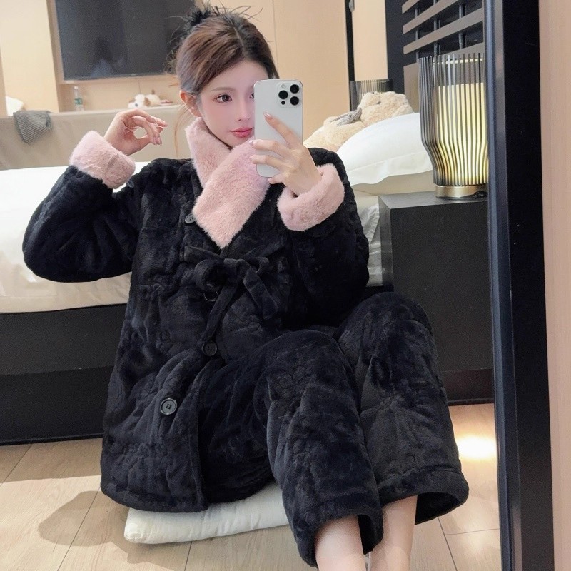 中式三层夹棉加厚睡衣女冬季2025新款复古高级感珊瑚绒外穿家居服