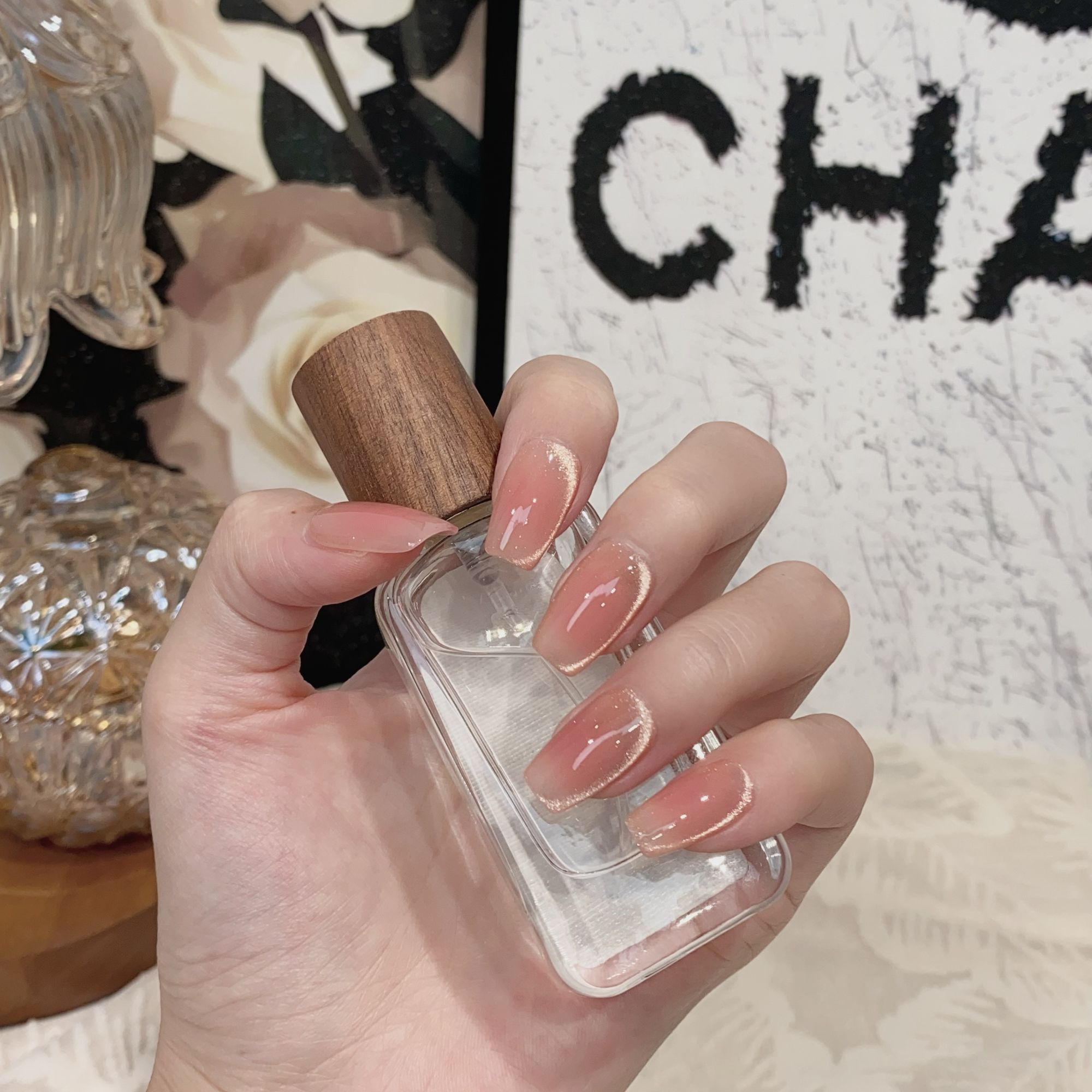 JDD【桃恋】简约百搭显白精致猫眼中短款纯手工穿戴甲美甲穿戴甲片