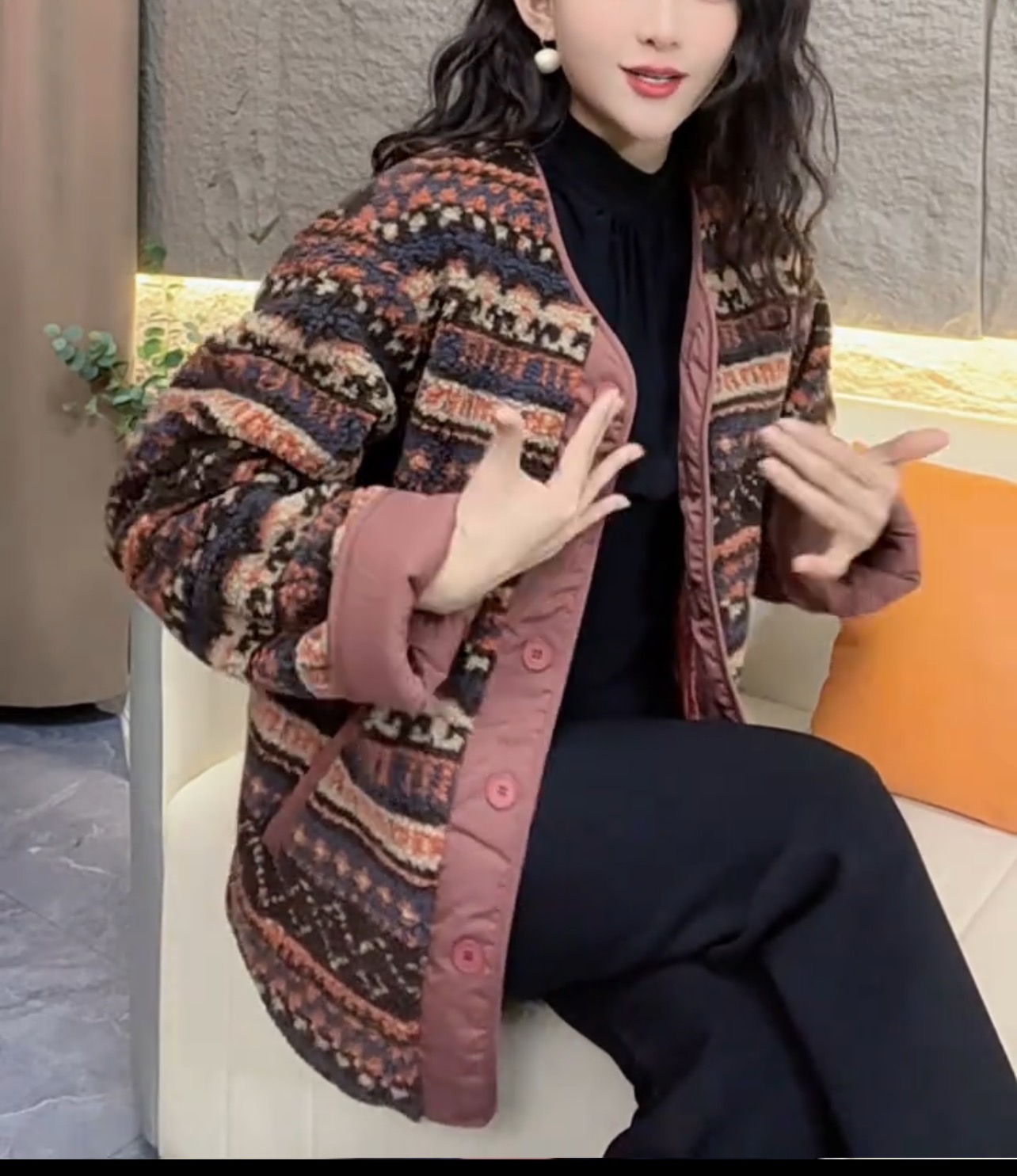 撞色条纹拼接羊羔毛外套秋冬新款韩版夹棉圆领休闲夹克保暖小棉服