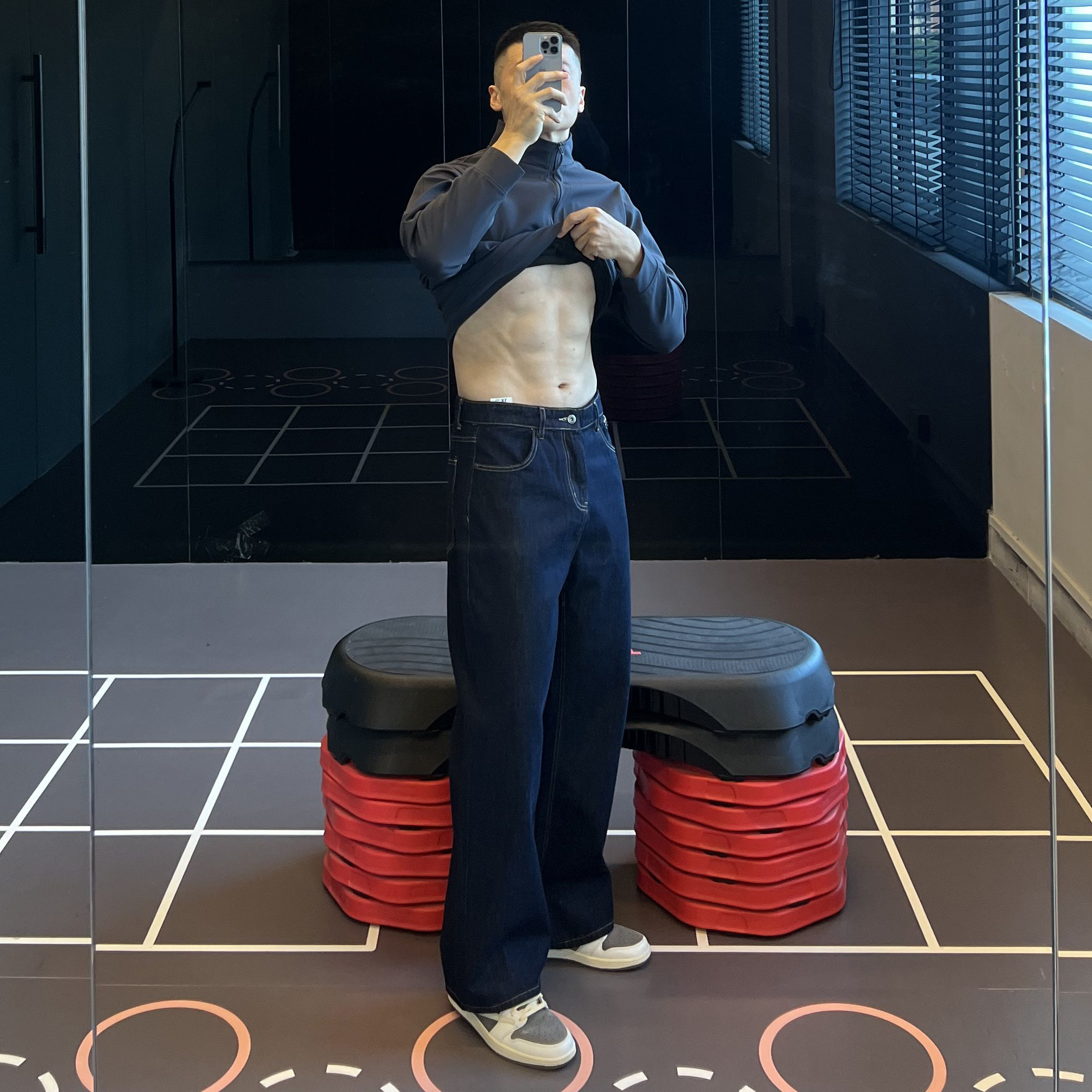 IRONTRAP宽松直筒长裤男士深蓝原色牛仔裤休闲明线小微喇裤秋冬季