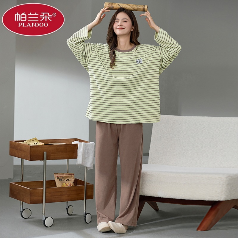 帕兰朵睡衣女秋冬季2025新款长袖双面德绒自发热条纹家居服套装