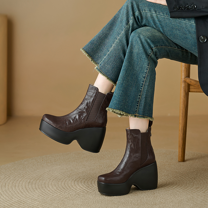 9.5cm小个子松糕厚底短靴秋冬复古皮靴时尚坡跟鞋不累脚切尔西靴