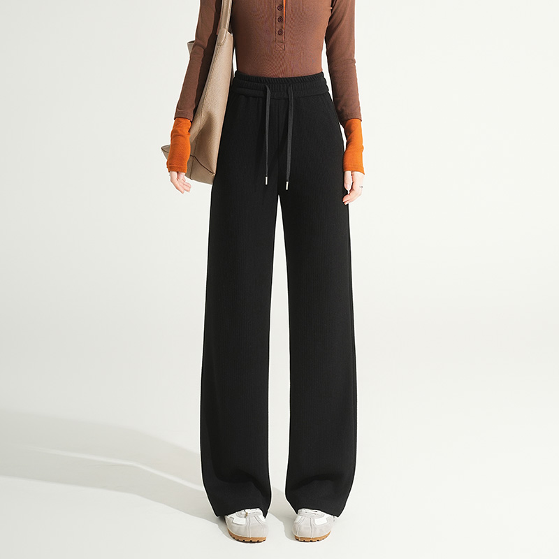 品牌黑色阔腿裤女秋冬高腰垂感糯米裤加绒冬季仿休闲羊绒直筒裤子