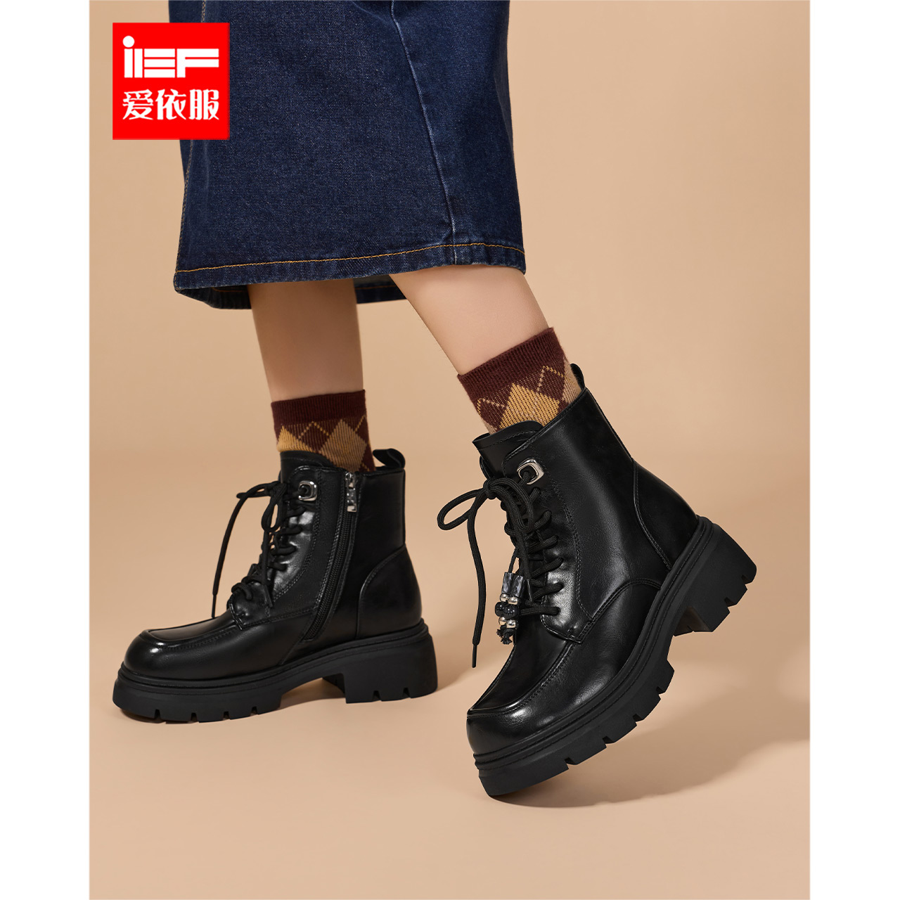 IEF/爱依服靴子2025秋冬新款韩版复古时尚通勤百搭方头厚底马丁靴