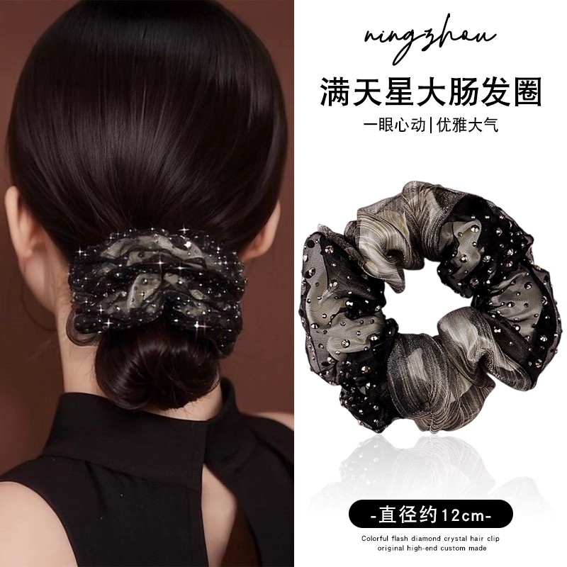 法式温柔气质头绳2026秋冬新品女超闪镶钻印花薄纱发圈大号大肠圈