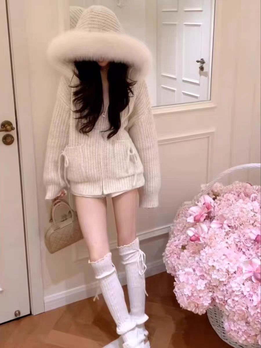 起司奶芙纯欲秋冬大毛领加厚连帽宽松毛衣外套软糯时尚针织上衣