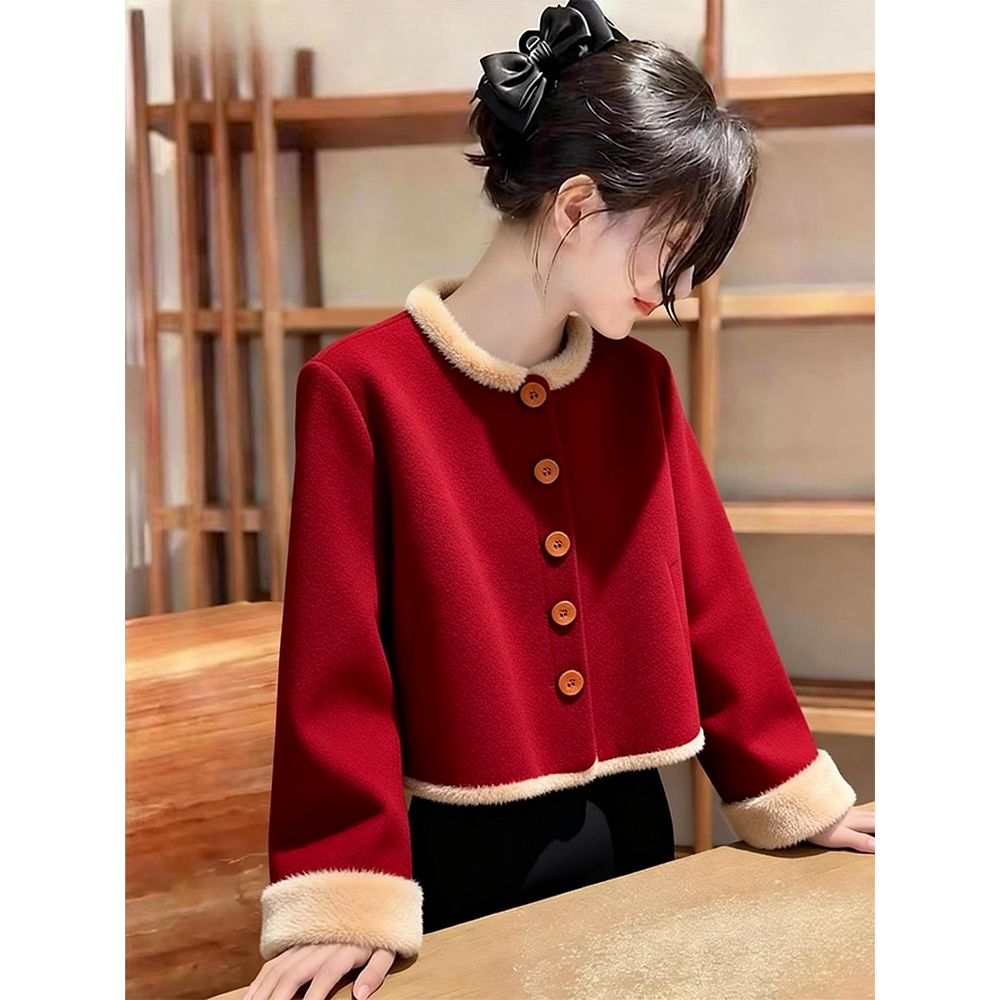 2025冬季新中式国风红色毛呢外套女本命年气质高级感复古上衣爆款