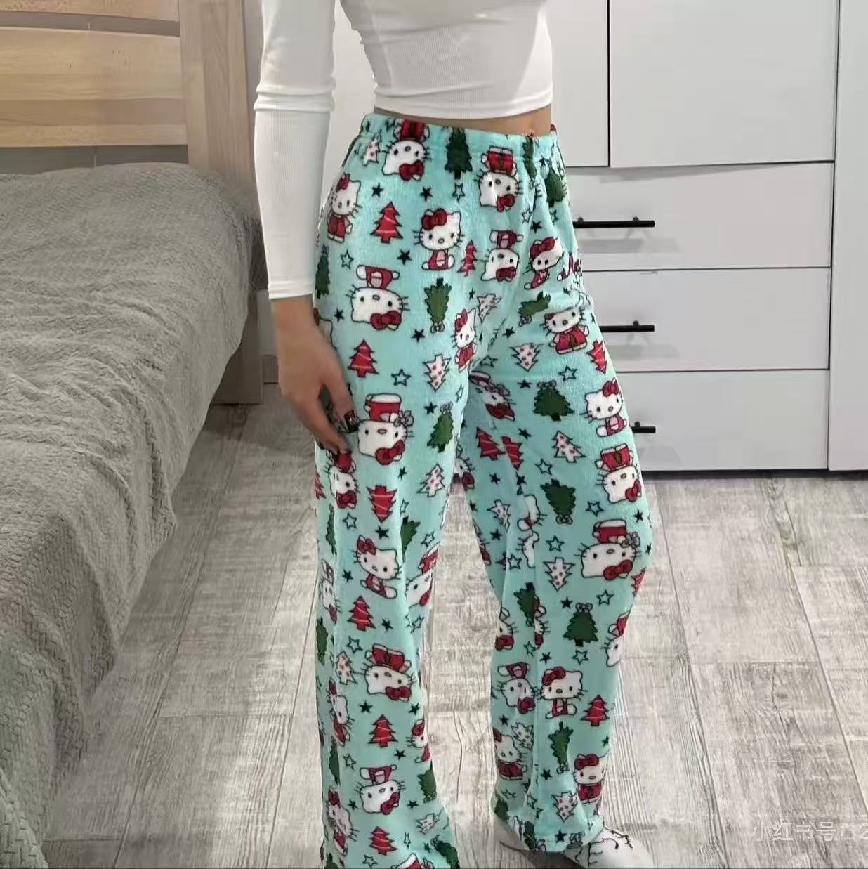 新款圣诞卡通复古美式辣妹直筒休闲裤女秋冬季保暖居家长裤遛弯裤