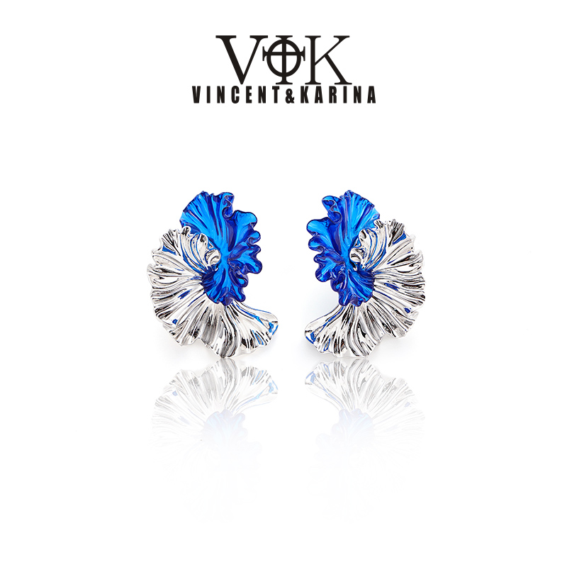 VINCENT&KARINA 铜合金耳饰 【山间觅】3D褶皱花瓣双色设计师耳环