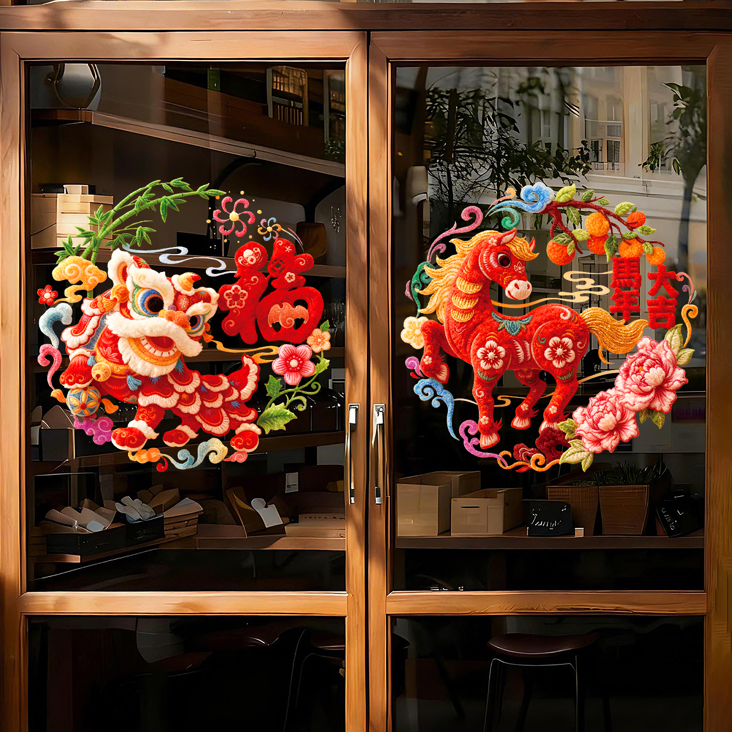 元旦2026马年创意卡通橱窗贴静电玻璃贴新年装饰窗花商场春节布置