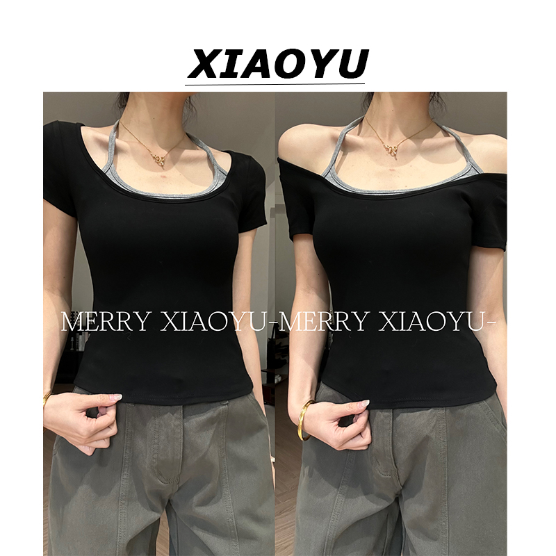 小鱼【酷飒登场】辣妹撞色拼接挂脖设计感短袖T恤女显瘦别致上衣