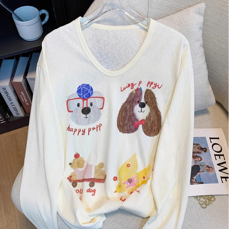 日系卡通印花长袖T恤女2025新款慵懒风宽松休闲罩衫上衣