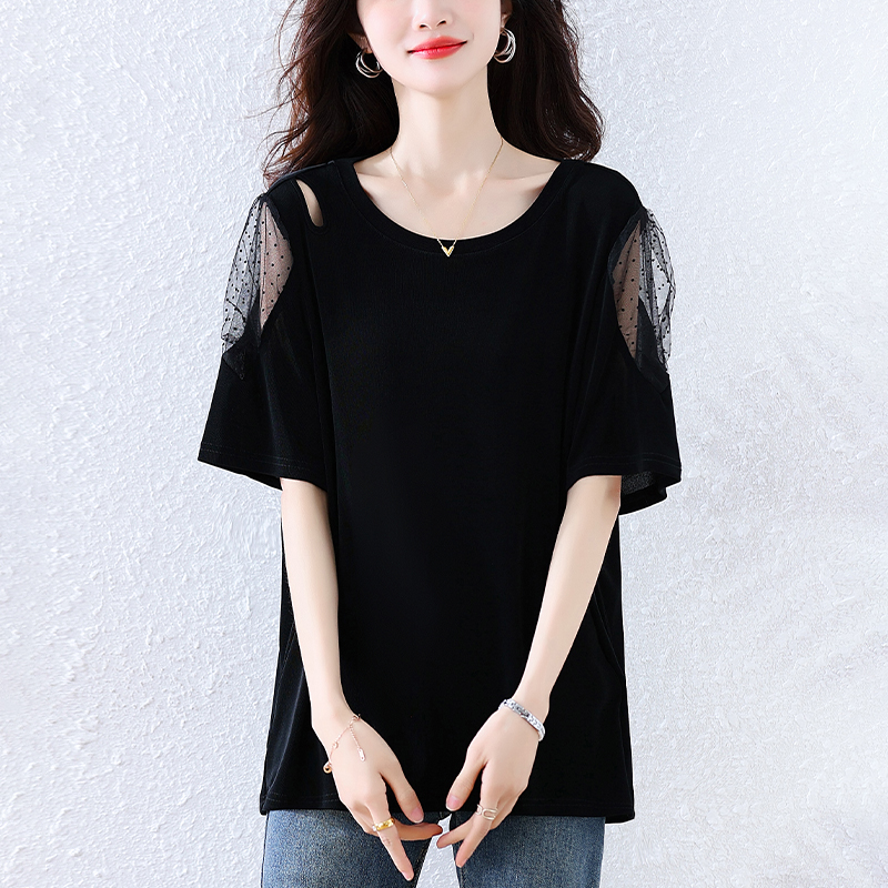 宽松大码黑色短袖t恤女士2025夏季新款时尚减龄遮肉显瘦网纱上衣