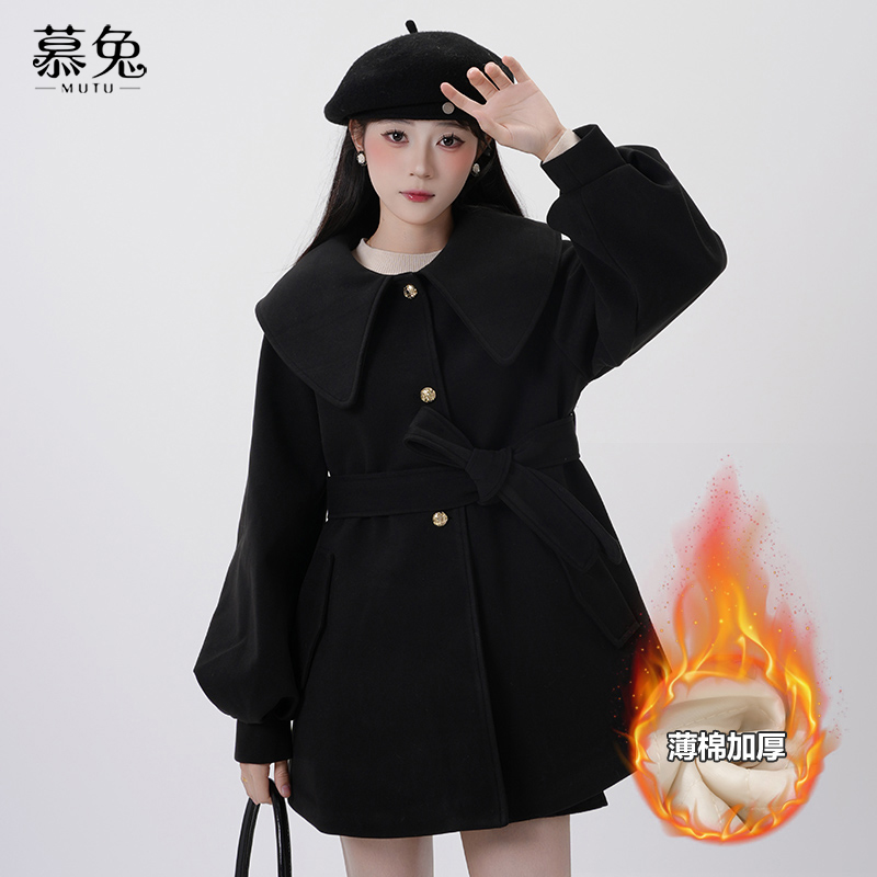 慕兔韩系娃娃领毛呢外套女2025新款冬季小个子中长款收腰呢子大衣